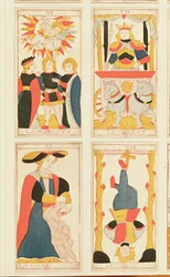 Four tarot cards depicting The Lovers, The Chariot, Strength and The Hanged Man