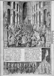 How Pope Urban II Preached the Reconquest of the Holy Sepulchre Church at the Council of Clermont-Ferrand, Illustration from Les Passages d