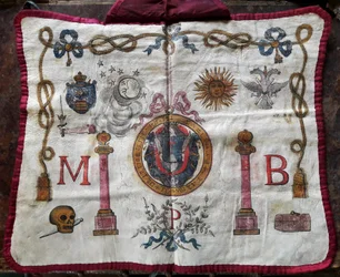 Freemasonry: leather apron of a master mason, decorated with Masonic symbols and emblems
