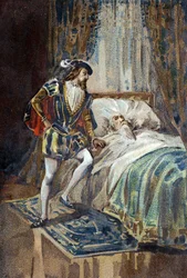 Francis I, King of France, receives the last sighs of Leonardo da Vinci at Clos Lucé. Chromolithograph around 1890