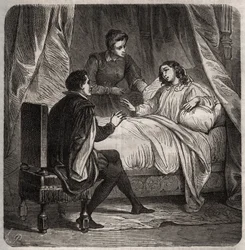 Francoise de Foix, Countess of Chateaubriant, ill, receives Clement des Marets dit Marot, the valet of Francois 1st, in bed. Engraving from 1871 in 