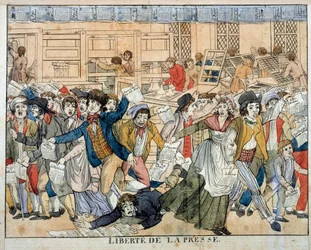 Freedom of the press during the French Revolution: Article 10 of the Declaration of Human Rights (26/08/1789). Article 10, which provides for freedom of opinion, leads to the anarchist birth of the press of all kinds. Engraving of the 18th century