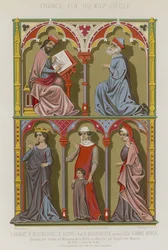 French 13th-century images of a scientist, bourgeois, a queen, bourgeoise and her son, and a noblewoman