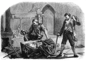 French Revolution (Convention): opening of the coffin of King Henry IV (1553-1610) during the desecration of the royal tombs in the Church of Saint-Denis in 1793. Engraving from 1860.