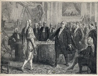 French Revolution - General Assembly on 23/06/1789: Honore Gabriel Riqueti, Count of Mirabeau (1749-1791) addressing Henri Evrard, Marquis of Dreux Breze (1762-1829). Engraving from 1889. Private collection