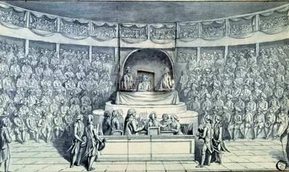 French Revolution: King Louis XVI at the Helm, Questioned by Antoine Barnave During His Trial Before the National Convention, 1793. Anonymous Drawing, Paris, Louvre Museum