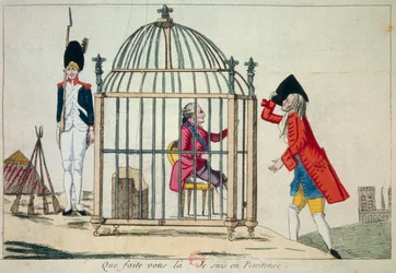 French Revolution: “What do you do, I am in penitence” King Louis XVI (1754-1793) represents in a cage on the eve of his flight to Varennes in June 1791. Satirical engraving Paris, Library of the Arsenal