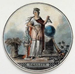 French Revolution: allegory of Equality as a woman holding a square near the French republic, a horn of abundance. Late 18th century Paris, B.N.