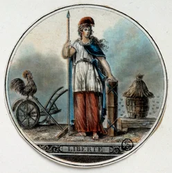 French Revolution: allegory of Liberty as a woman near a beehive and a rooster