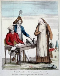 French Revolution: caricatural representation of a member of the clergy forced to return the property of the church. “We must give back to Caesar what is Caesar