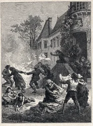 French Revolution: the peasants burned their feudal titles and danced around the fire to celebrate the abolition of privileges in August 1789. Engraving from 1889. Private collection