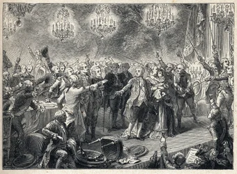 French Revolution: the royalists swear loyalty to the monarchy in the presence of King Louis XVI (1754-1793) of Queen Marie Antoinette (1755-1793) and the dauphin at the banquet of the bodyguards organized on 1 October 1789 in the Orangerie de Versailles