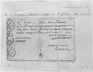 French banknote for ten pounds from the Law Bank, dated 1st April 1719