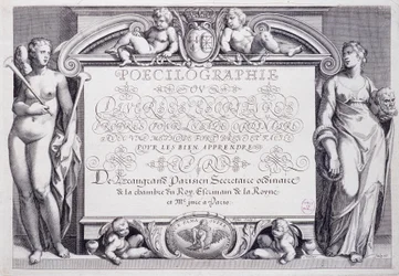 French calligraphy: Poecilography, frontispiece, by Baptiste de Beaugrand in 1606