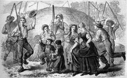 French custom: songs and dances of peasants around the last buckwheat sheaf of the crop. Conde sur Noireau, Calvados (14)