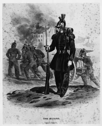 French fire fighters around 1860 - drawing, Bibl. des Arts deco.