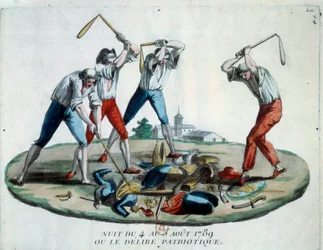 French Revolution: allegory of the night of 4/08/1789, which saw the abolition of feudal privileges and rights. Members of the patriotic people destroy the symbols of nobility, clergymen and armour. Engraving from 1789. Paris, Library of the Arsenal