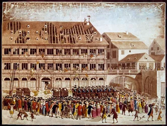 French revolution: looting of Strasbourg City Hall on 20/07/1789. Anonymous print. Paris, B.N.