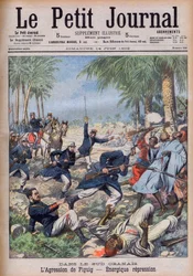 French soldiers attacking Moroccan bandits threatening their interests in the Sud Oranais, Algeria, at the oasis of Figuig, Morocco - period of the French protectorate. The Aggression of Figuig. Energetic repression. Illustration for Le Petit Journal