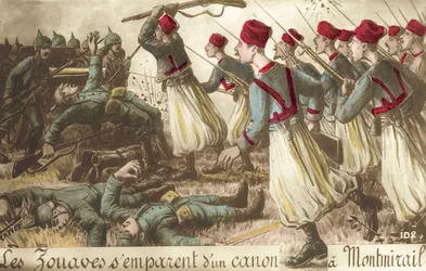 French zouaves capturing a German artillery piece at Montmirail, World War I