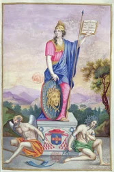 Frontispiece Allegorical Illustration of the Goddess Minerva from Les Panegyriques des Hommes Illustres de Notre Siecle by Puget de la Serre, 1655