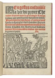 Frontispiece from "Les gestes ensemble la vie du preux Chevalier Bayard avec la genealogie", by Symphorien Champier