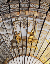 Full Rib Brise Hand Fan with Chinoiserie in Ivory, Gold Sequins and Ribbon and Silk Satin Piping