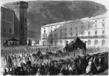 Funeral of the Count of Cavour, Turin, 7 June 1861: funeral procession carrying the coffin of Camillo Benso, Count of Cavour (1810-1861), Italian politician. Engraving in Le Monde Illustré n°219 of 22 June 1861.