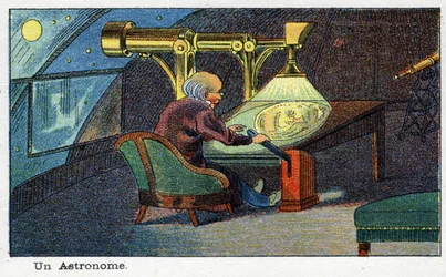 Futuredays: A Nineteenth Century Vision of the Year 2000 Series: An astronomer (working with a particular telescope). Chromolithography by Villemard