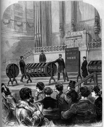 Game of chance: draw of the National Lottery in the Trocadero festivities hall on 6 January 1879 in Paris. Engraving in Le Monde Illustré n°1140 of 1 February 1879.