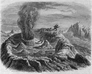 Gas eruption of Antujo volcano in Chile. Engraving by Freeman In “The Picturesque Magasin”