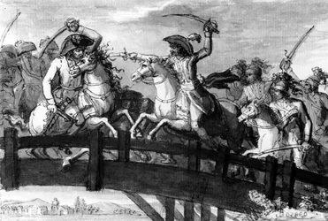 General Alexandre Dumas, the Horatius Cocles of the Tyrol, killing single-handedly three Austrian opponents on the Clausen Bridge in 1797, c.1797