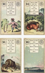 German edition of the Lenormand French cartomancy deck: The Child, The Fox, The Bear, The Star, published by Dondorf, Frankfurt, 19th Century