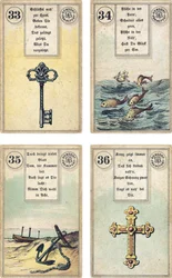 German edition of the Lenormand French cartomancy deck: The Key, The Fish, The Anchor, The Cross, published by Dondorf, Frankfurt, 19th Century