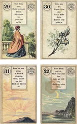 German edition of the Lenormand French cartomancy deck: The Lady, The Lilies, The Sun, The Moon, published by Dondorf, Frankfurt, 19th Century