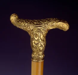 Golden silver cane handle. Hunting scene. France