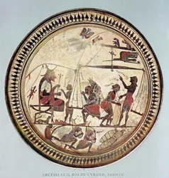 Greek cup depicting Arcesilas II, King of Cyrene watching the weighing and loading of silphium, copy of a 6th century BC original
