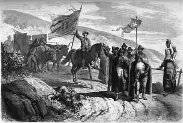 Group of "Pifferari" (beggars and walking musicians from Italy) leaving the province of Abbruzzo to Naples on the occasion of Holy Week. Engraving in "Le Monde Illustré" n°364 of April 2