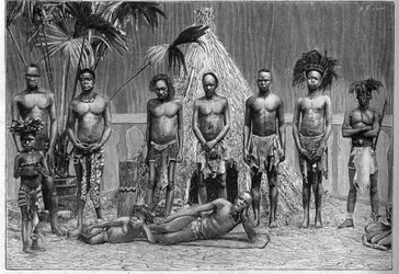 Group of men of the Angolan troupe exhibited in Paris during the World Exposition of 1889 (Human Zoo)
