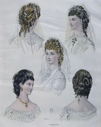 Hairstyles, illustration from La Mode illustree, 1872