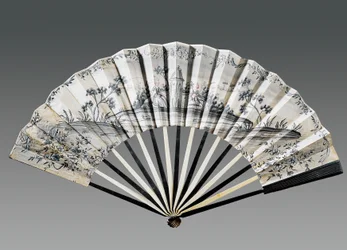 Half-mourning hand fan depicting landscape and female figure