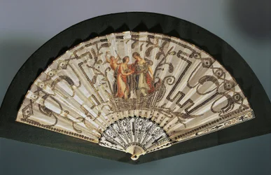 Hand Fan with Venus and Juno, Silk Leaf with Embroidery and Sequins, Silver-Damascened Pierced Bone Guard Stick