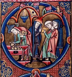 Menelaus delivers the tribute money to Antiochus, King of Syria, and secures the High Priesthood for himself with the bribe, late 13th century
