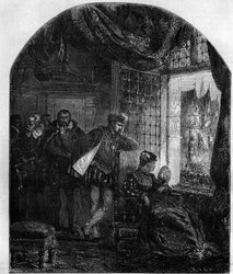 Henry II (1519-1559) and Diane de Poitiers (1499-1566) attend an execution of heretics. Henry II had an ardent chamber set up in 1547 in the Paris Parliament to judge the heretics. Engraving in 