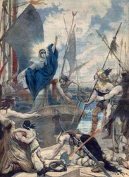 Heroines of France: St Genevieve (423-512). Sainte Genevieve saving the city of Paris. Illustration for Le Petit Journal