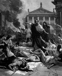 Hippocrates (in Greek Hippokrates) Greek doctor (460 to 380 BC) arrives at Athens to decimate the plague by lighting large fires