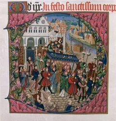 Historiated initial D depicting a religious procession in the Place de Greve, Paris in 15th century