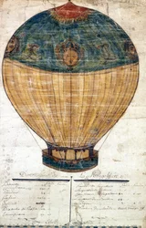 Hot air balloon of the Montgolfier brothers. Original drawing. 1782