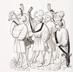 How to Shout and Blow Horns, after a miniature in the 15th century Manuscript of Phoebus, from 