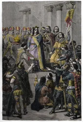 Hugh Capet elected King - Coronation of Hugh Capet, King of France, July 3, 987 at Noyon, by Adalberon, Archbishop of Reims